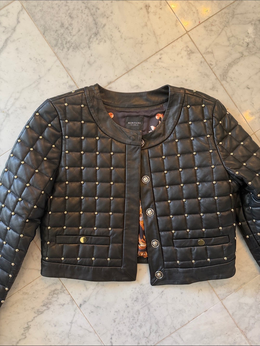 Marciano Black Lamb Leather Black/Gold Quilted Cropped Jacket w/ Stud Details